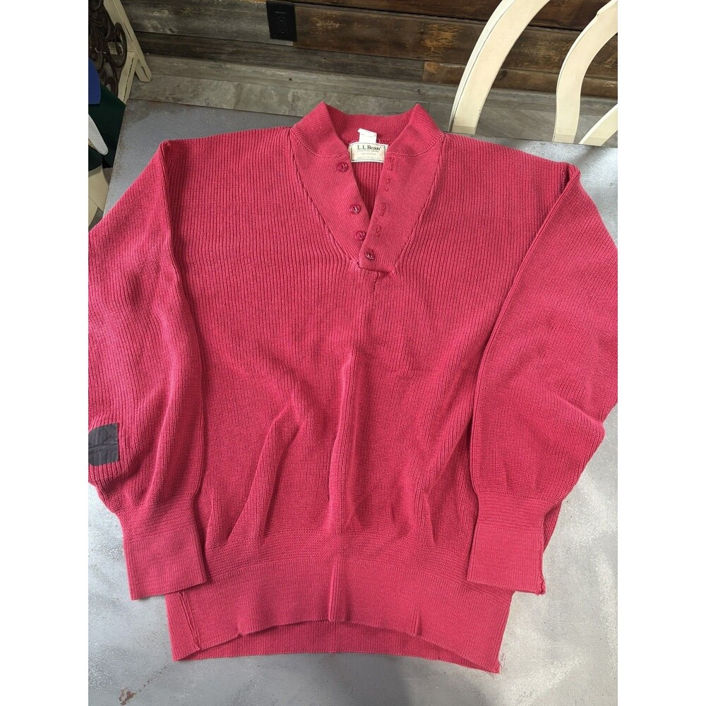 Vintage LL Bean Henley Fishermans Sweater Men X-Large Red Roll Cuff Made In USA
